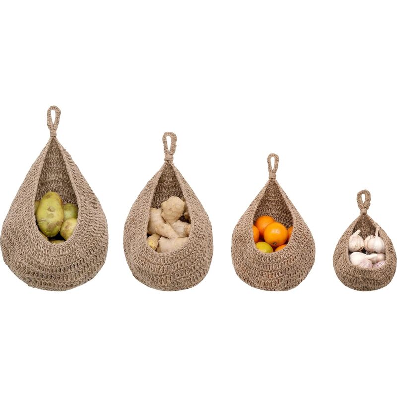 Lot de 4 paniers de rangement suspendus en forme de larme en jute tissé à la main pour garde-manger, panier de fruits et légumes à suspendre Boho