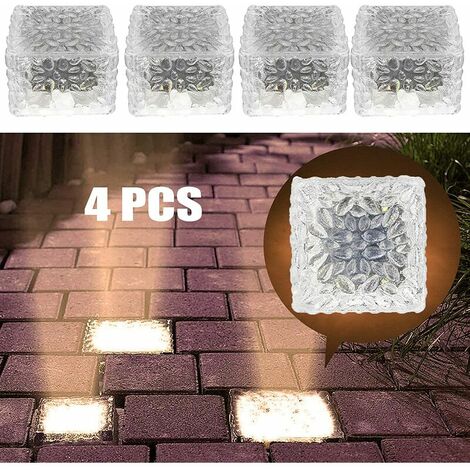 Lot de 4 pavés solaires en verre pour extérieur, capteur de lumière marche/arrêt, éclairage de chemin étanche, projecteur solaire pour terrasse, jardin, cour, terrasse (lumière chaude).,Lilaris