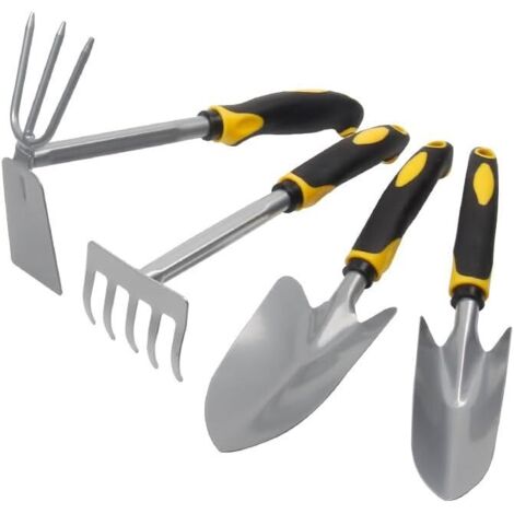 Lot de 4 pelles de jardin, truelle à main, ensemble d'outils avec poignée en caoutchouc antidérapante, houe, bêche, jardinage à deux usages, creusement extérieur, outils de désherbage et de plantation