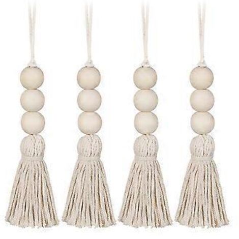 Lot de 4 perles en bois à pompons, style ferme, perles naturelles, chapelet en coton, suspension murale décorative, pendentif à pompons pour placard, armoire ou porche