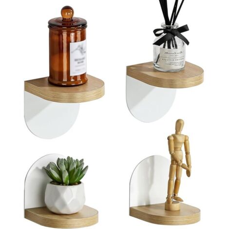 Lot de 4 Petites Etagere Murale Blanche, Tablettes Flottantes en Bois avec Piètement en Métal pour Petits Objets, Tablette Murale de Décoration Rustique pour Chambre, Salon, 10x10CM, Adhésif