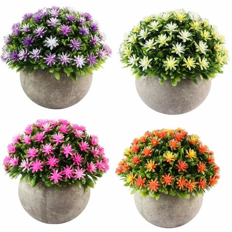 Lot de 4 Petites Plantes Artificielle des Fleurs avec Pot,Intérieur Exterieur pour Déco.(Orange+Rose+Jaune+Violet)