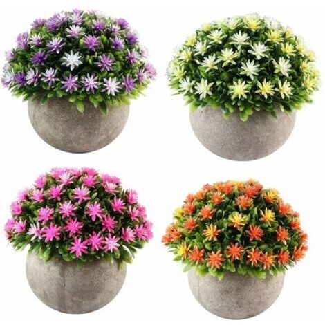 Lot de 4 Petites Plantes Artificielle des Fleurs avec Pot,Intérieur Exterieur pour Déco.(Orange+Rose+Jaune+Violet)