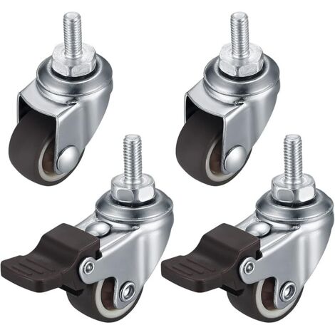 Lot de 4 petites roulettes pivotantes pour meubles, 25 mm, M6, avec frein, pivotantes à 360°, silencieuses, antidérapantes, avec filetage, pour meubles intérieurs et extérieurs