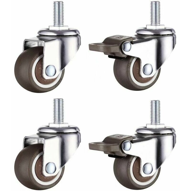Lot de 4 petites roulettes pour meubles - 50 mm - Caoutchouc souple TPE (2 pièces avec frein) (50 mm)