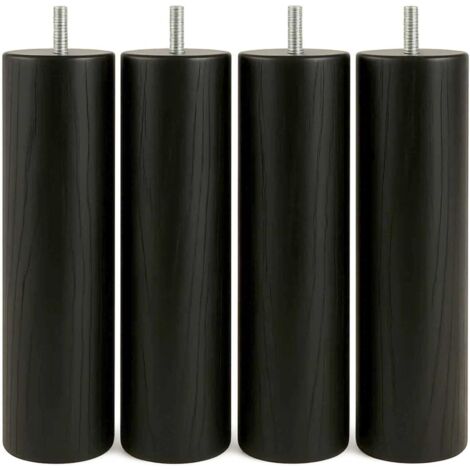 Lot de 4 - Pied de lit - Sommier - Bois massif hêtre - Filetage M8 - Support lourd - Intérieur - Noir - 25x6 cm