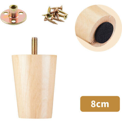 Lot de 4 pieds de canapé en bois massif adaptés pour meuble TV, table basse, meuble à chaussures, meuble de salle de bain (8 cm)