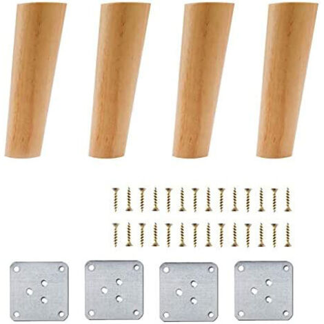 Lot de 4 Pieds de Meuble en Bois, 15 cm Pieds de Canapé de Rechange, Table Basse Jambes, pour lit, Placard, Banc, Meuble TV, Armoire, avec Accessoires(Conception inclinée)