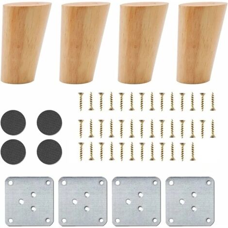 Lot de 4 Pieds de Meuble en Bois, 8 cm Pieds de Canapé de Rechange, Table Basse Jambes, pour lit, Placard, Banc, Meuble TV, Armoire, avec Accessoires(Conception inclinée)