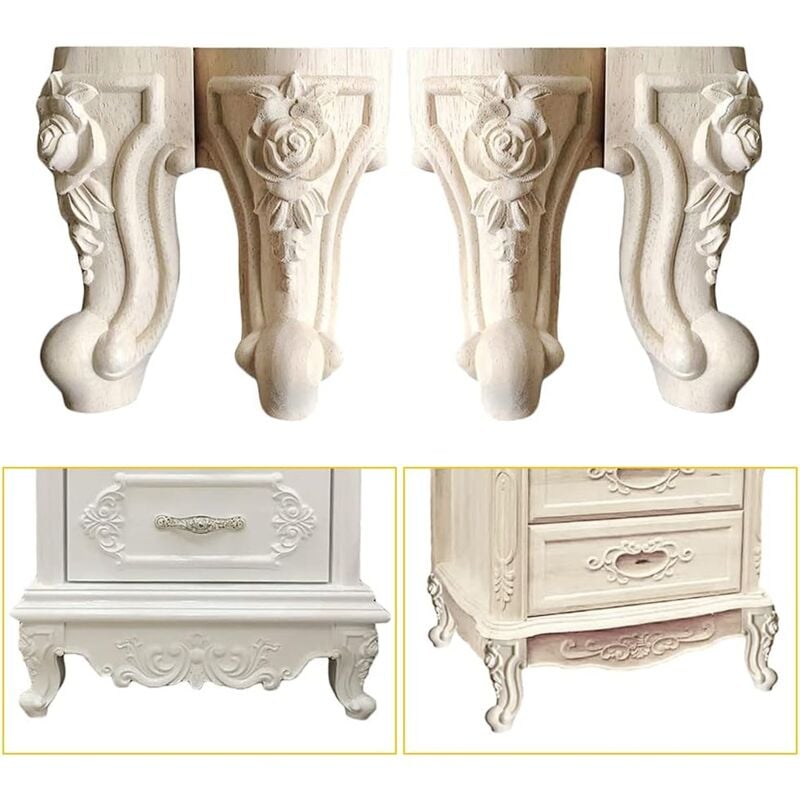 Gojoy - Lot de 4 pieds de meubles en bois - 10 cm - Style européen - En bois massif sculpté - Décoration pour canapé, chaise, lit, armoire