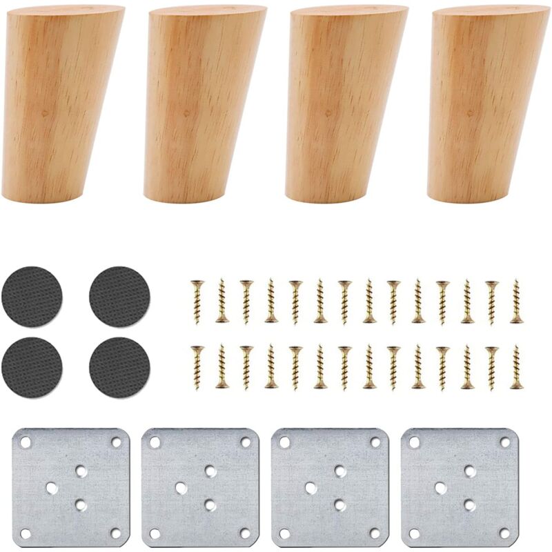 Lot de 4 pieds de meubles en bois de 8 cm, pieds de canapé de remplacement avec accessoires (conception inclinée)