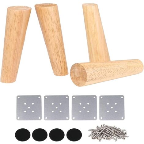 Lot de 4 pieds de meubles en bois de chêne 18 cm de hauteur avec plaque de fer pour canapé, table, placard