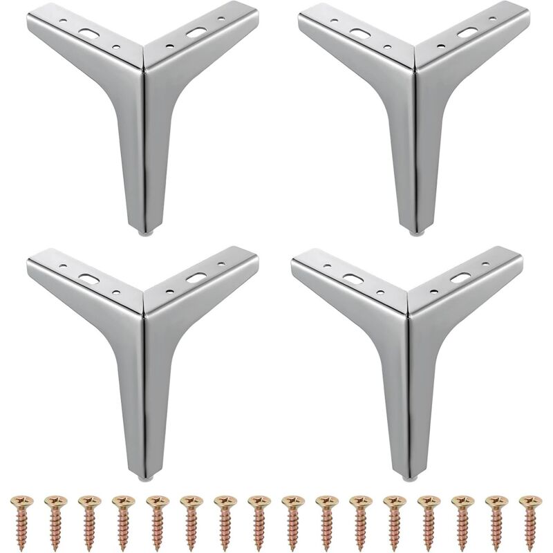 Lot de 4 pieds de meubles modernes en métal avec diamant triangulaire, pour placard, canapé, chaise, ottoman (10 cm), Argenté.