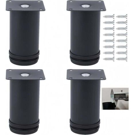 Lot de 4 pieds de meubles réglables en acier inoxydable, 50 mm x 60 mm, pieds de meubles de salle de bain, de bureau, de cuisine, hauteur réglable, vis en acier inoxydable (noir, 6 cm)