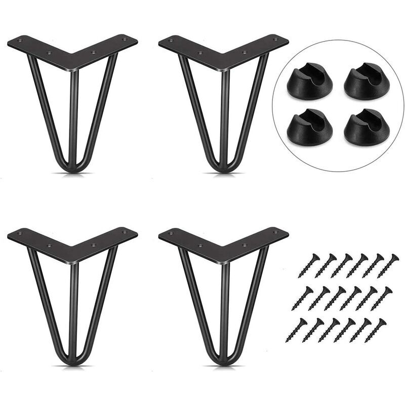 Lot de 4 Pieds de Table 10cm Pied de Meuble DIY pour Table à Manger Bureau Bas Noir + Protège-Pieds et Vis Accessoires pour Meubles Pieds de Table