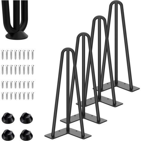Lot de 4 pieds de table en épingle à cheveux, 3 barres, pieds de meubles en métal avec protection de sol, 35 cm de hauteur, pour tables basses, tables basses, bureaux, pieds de table à manger