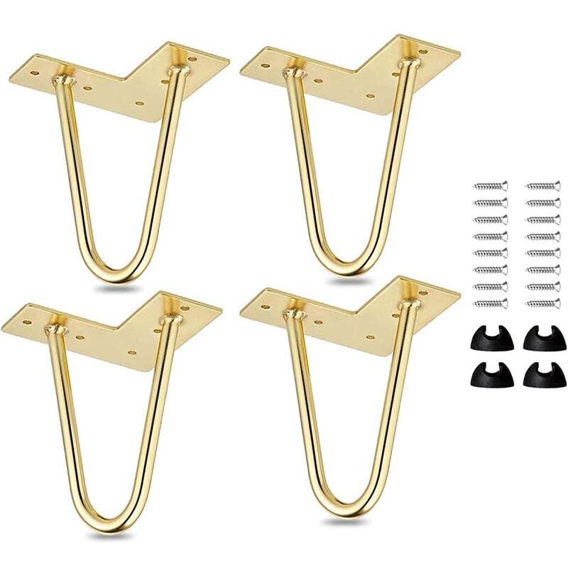 Lot de 4 pieds de table en épingle à cheveux de 10 cm, pieds de meubles modernes en métal avec protections de sol et vis pour table basse et meuble TV