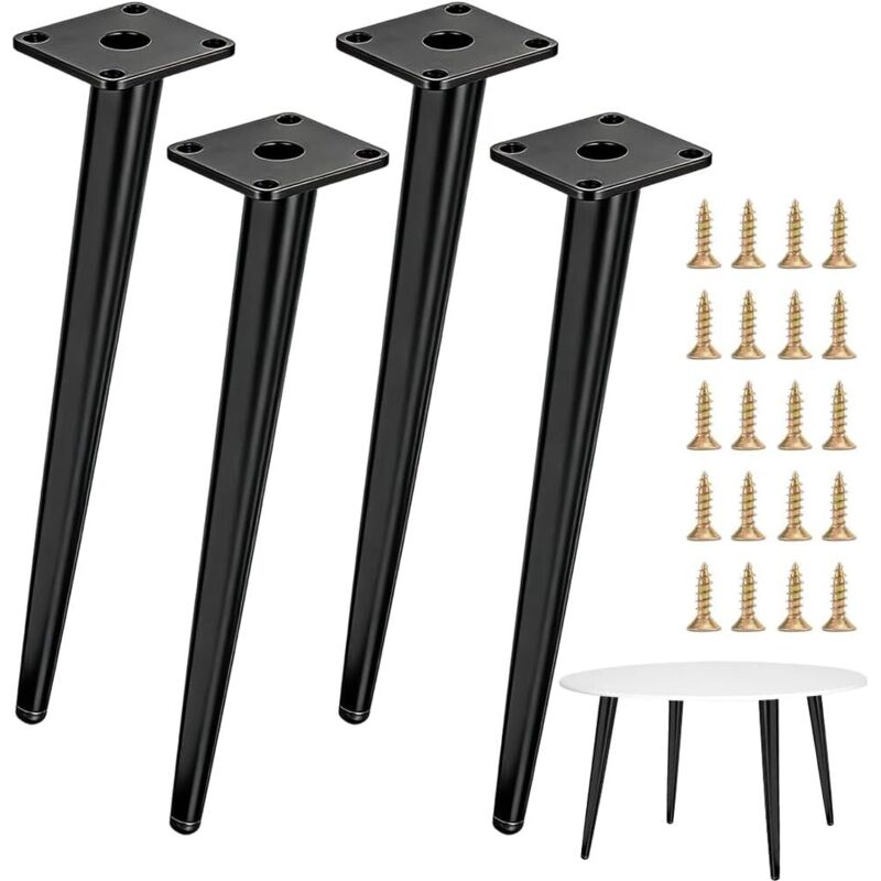 Lot de 4 pieds de table inclinés en métal, 40 cm, en acier, noirs, pour tables basses, tables de chevet et chaises