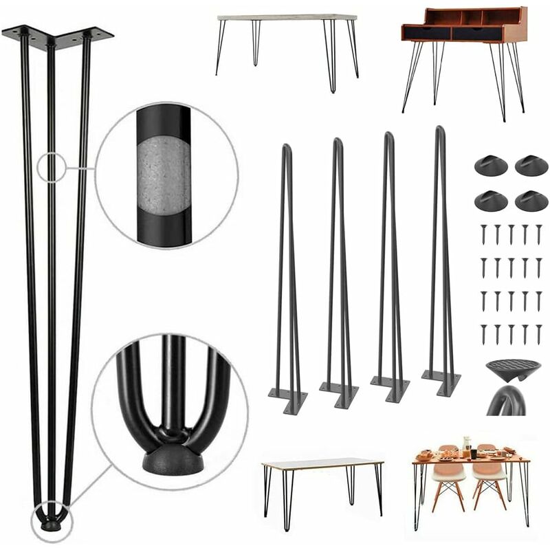 Hsha - Lot de 4 pieds en épingle à cheveux de 86 cm à 3 tiges/12 mm, pieds de meubles noirs avec pieds de protection du sol et vis pour console en