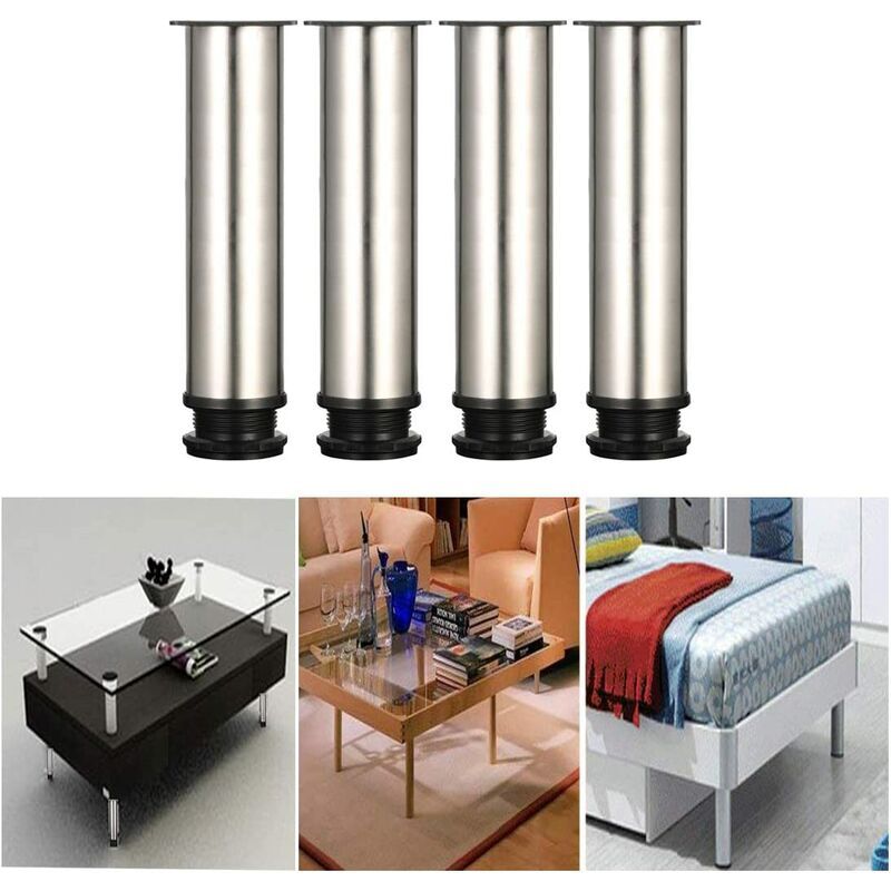 Lot de 4 pieds réglables en acier inoxydable de 200 mm de hauteur pour cuisine, pieds ronds de 2 diamètres, pieds de meuble, table de bureau, pieds