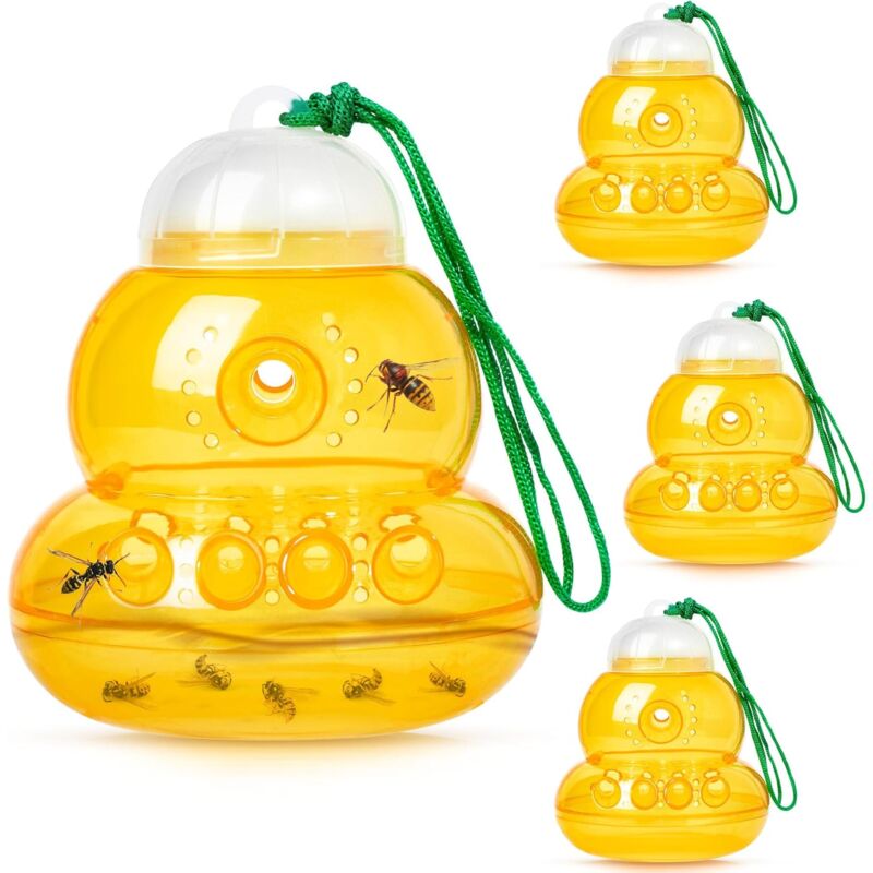 Lot de 4 pièges à guêpes réutilisables à suspendre pour l'extérieur, piège à guêpes jaunes pour l'extérieur, piège à abeilles charpentières pour