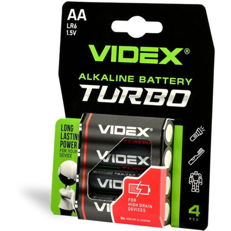 Lot de 4 piles alcalines puissantes Videx AA LR6 Turbo 1,5 V 2800 mAh