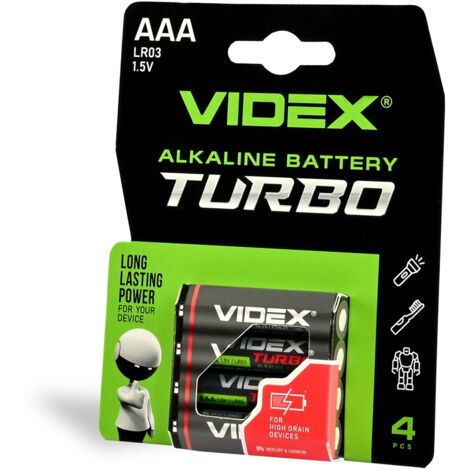 Lot de 4 piles alcalines puissantes Videx AAA LR03 Turbo 1,5 V 1 300 mAh