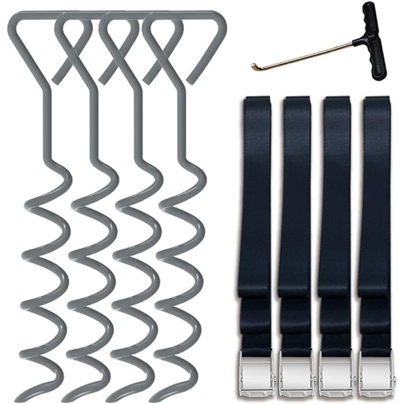 Lot de 4 piquets de trampoline robusts en forme de tire-bouchon en acier avec crochet en t pour trampolines - Lot de 4 bonus 4 ceintures solides