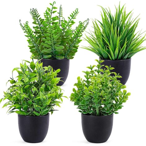 Lot de 4 plantes artificielles décoratives, Petites plantes en pot – Sans entretien, ne décolore pas – Idéal pour bureau, cuisine, salon, chambre