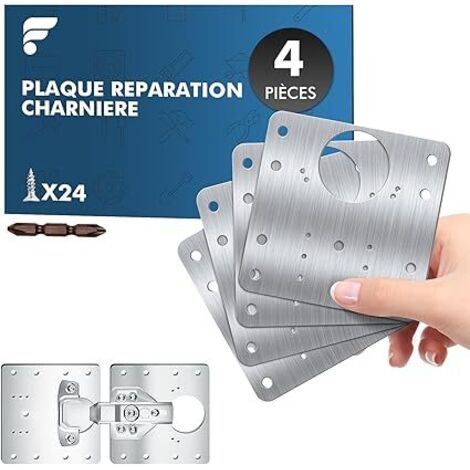 Lot de 4 Plaques de Réparation de Charnière de Porte, Kit en Acier Inoxydable avec 24 Vis, pour la Réparation de Portes d'Armoire, d'Armoires, d'Etagères - 9×9 cm