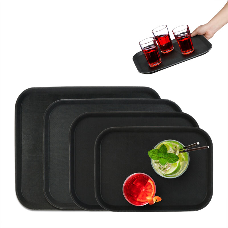 Lot de 4 plateaux de service, surface antidérapante, rectangulaires, pour la restauration, 4 tailles, noir - Relaxdays