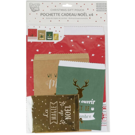 Lot de 4 Pochettes Cadeaux "Noël" 30cm Multicolore