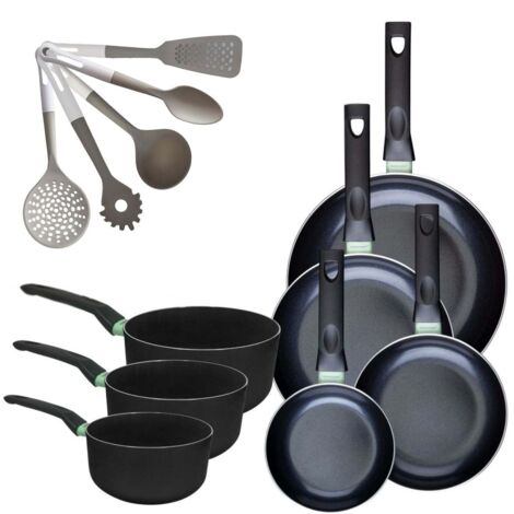 Lot de 4 Poêles 16/20/24/28 cm et 3 Casseroles 16/18/20 cm Fackelmann Brandao avec 5 ustensiles de cuisine