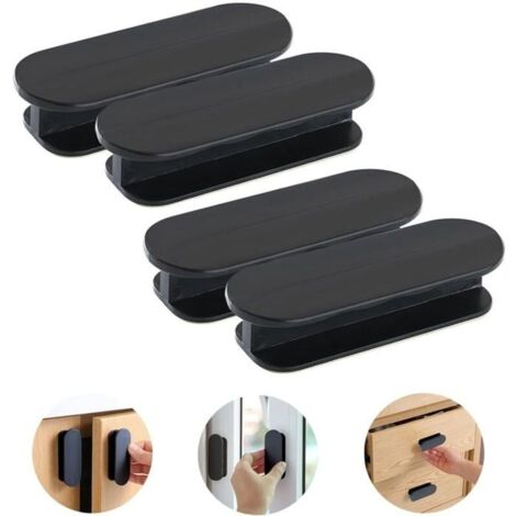 Lot de 4 poignées de porte autocollantes - En plastique - Pour fenêtre, porte en verre, tiroir - Noir