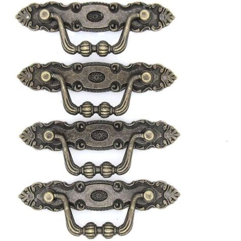 Lot de 4 poignées de tirage vintage en laiton antique – Poignées tombantes pour commode, armoires, longueur 10 cm et hauteur 3,8 cm