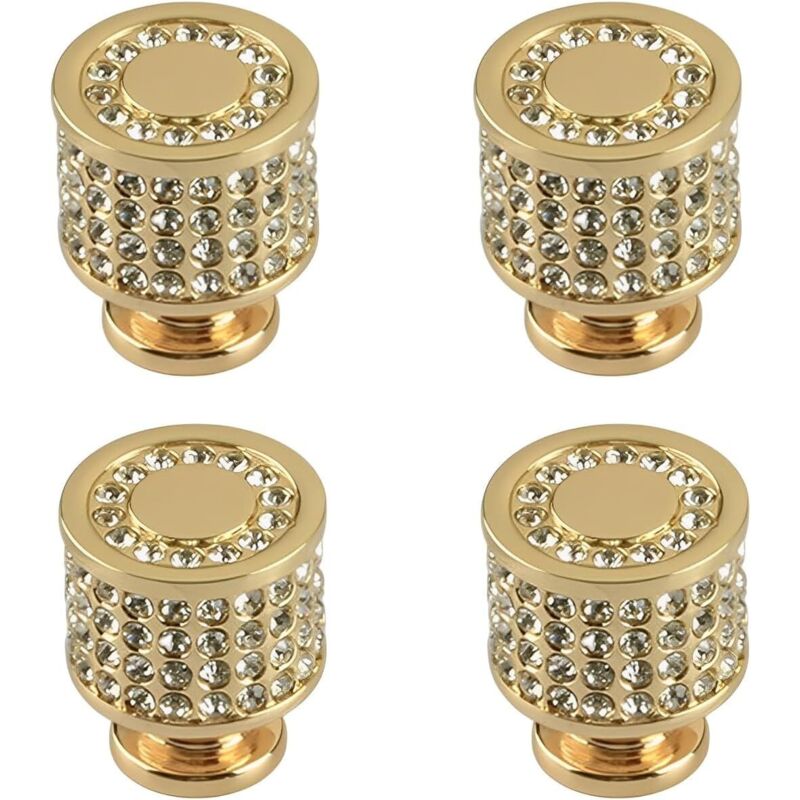 Lot de 4 poignées de tiroir en cristal, poignées de tiroir avec strass dorés, poignées de meuble argentées avec strass, boutons de meuble carrés en
