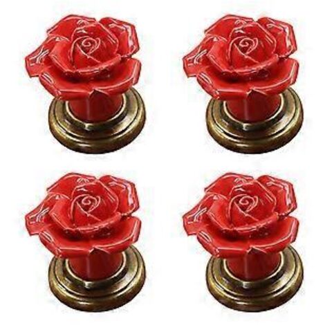 Lot de 4 poignées en céramique à motifs floraux artistiques pour armoires, penderies et commodes. Quincaillerie robuste en alliage de zinc. Décoration moderne rouge.