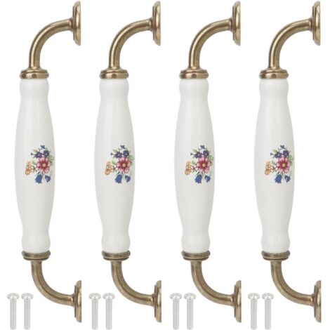 Lot de 4 poignées en céramique vintage blanc – Entraxe 160 mm – Poignée en alliage de zinc pour tiroirs et armoires – Installation facile