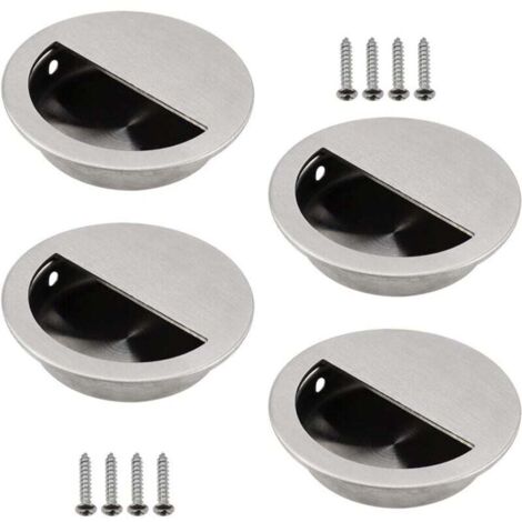 Lot de 4 Poignées Encastrables en Acier Inoxydable Argenté Poignée de Porte Coulissante Ronde Ø50mm avec un Trou Demi-Circulaire de 40 x 20mm Facile à Tirer - pour Porte Coulissante ou Autres Meubles
