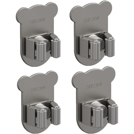 Lot de 4 porte-balais en acier inoxydable SUS 304 imprimé dessin animé, sans perçage, pour mur, fort effet de serrage, outils de cuisine, garage, jardin, salle de bain (gris métallisé)