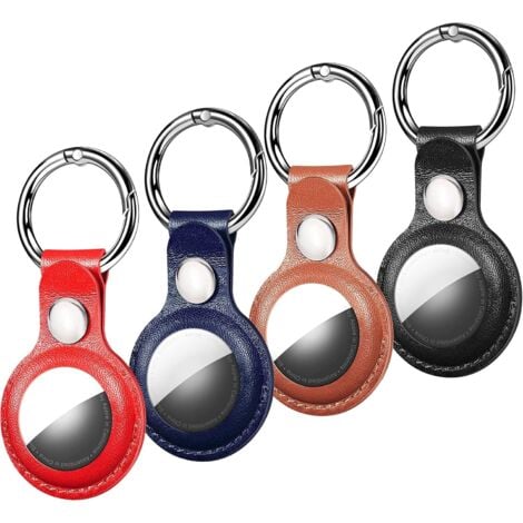 AIPERQ [Lot de 4] Porte Clé pour Apple AirTag en Cuir, Air Tag Support Accessoires Porte Clef AirTags, [Anti-Chute, Anti-Rayures] Etui Collier Chien Bagages (Noir, Marron, Bleu, Rouge)