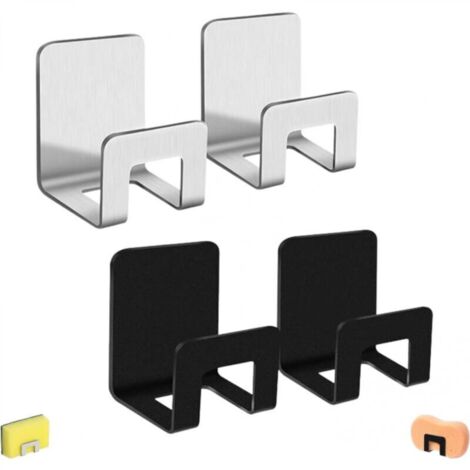 Lot de 4 porte-éponges autocollants, organiseur d'évier, porte-éponge mural, sans perçage, crochet étanche en acier inoxydable (noir, argent)