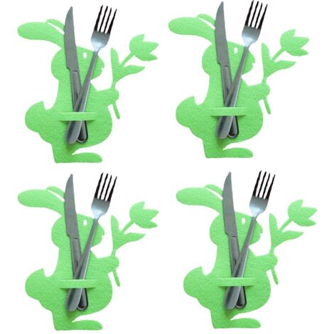 Lot de 4 porte-ustensiles de table de Pâques, avec couvercles pour couteaux et fourchettes, motif lapin tenant des emballages de fleurs, pour la table à manger.