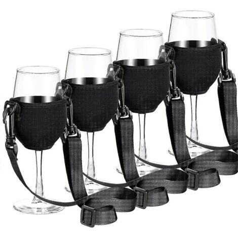Lot de 4 porte-verres à vin portables avec sangle, noir.