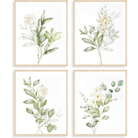 Lot de 4 Posters Botaniques en Aquarelle Vert Sauge pour Chambre Salle de Bain 8x10 Pouces Non Encadrés