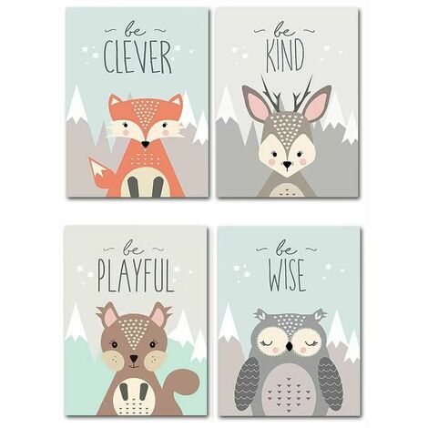 Lot de 4 posters d'animaux pour enfants au format A4 - Décoration pour chambre d'enfant - Pour chambre d'enfant - Animaux de la forêt，T-Audace