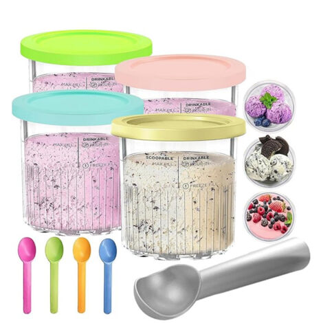 Lot de 4 pots à glace pour Ninja Cream, avec couvercles en silicone, compatibles avec les modèles NC501/NC500.