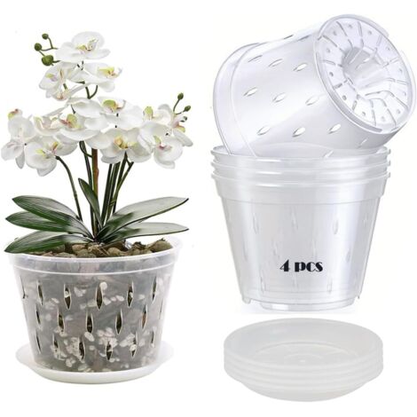 Lot de 4 pots à orchidées (12,5 cm), pots transparents avec trous et soucoupes, pots en plastique transparent respirant pour le rempotage.