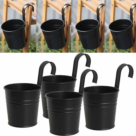 Lot de 4 pots de fleurs à suspendre en fer noir avec crochet amovible pour extérieur intérieur ou extérieur