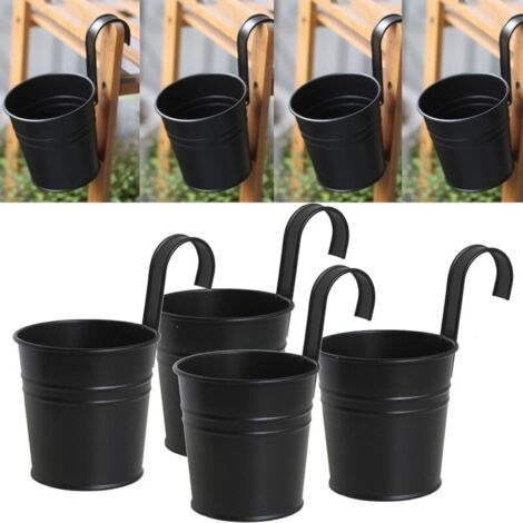 Lot de 4 pots de fleurs à suspendre en métal noir avec crochet amovible pour extérieur, intérieur, clôture, balcon, jardin, décoration de la maison